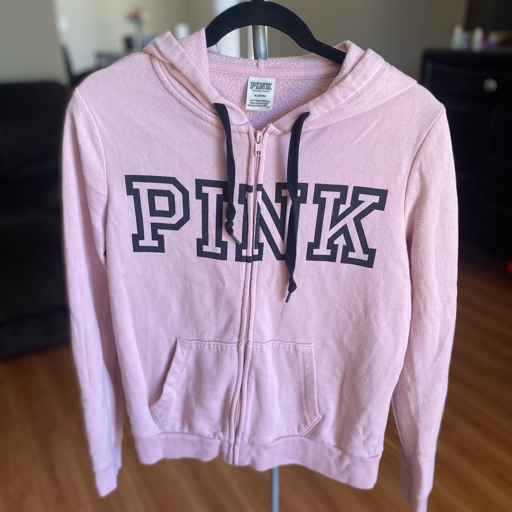 VS PINK pink zip up logo hooded jacket